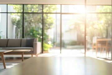 Blur living room at home with morning sunlight at big window for background usage. blur interior background concept. white, britht tone , ai