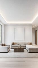 Modern living room interior design with warm led lighting and minimalist furniture.