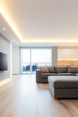 Fototapeta premium Modern living room interior design with warm led lighting and minimalist furniture.