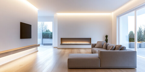 Fototapeta premium Modern living room interior design with warm led lighting and minimalist furniture.