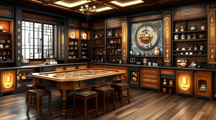 Intricate Carvings and Golden Accents Adorn a Richly Detailed Tea Room with an Ornate Table and Stools, Glowing with Warm Light