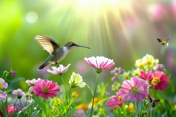Hummingbird in Flight Over a Field of Pink and White Flowers