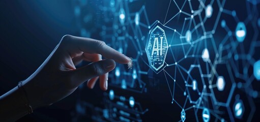 Human hand interacting with futuristic AI technology interface.