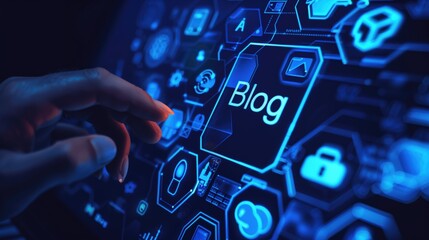 Hand touching digital blog icon on futuristic interface.