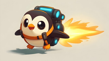 Cute Penguin Wearing Jetpack and Flying With Fire and Smoke from the Thrusters
