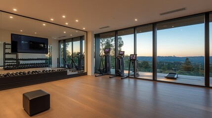 Modern home gym , Home fitness , Home gym ideas , Modern home gym with natural light , Home gym design ideas with large mirrors