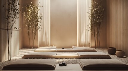 A calm and inspiring meditation space with soft lighting and comfortable cushions, promoting relaxation and mindfulness in a serene environment.