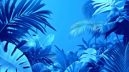 Fototapeta na wymiar Tropical Blue: Lush Palm Leaves and Lush Foliage with a Vibrant Blue Sky Background - Abstract Monochromatic Tropical Jungle Landscape Video