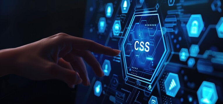 Hand touching a digital interface with Cascading Style Sheets CSS icon and graphics on screen.