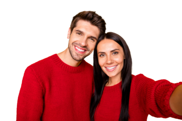 Close up photo of charming dreamy spouses take self-portrait wear red pullover isolated over yellow background