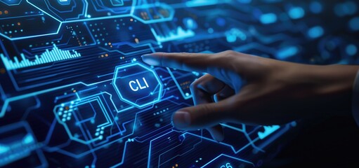 Hand pointing at CLI visual interface with digital futuristic blue background. Command Line Interface concept.