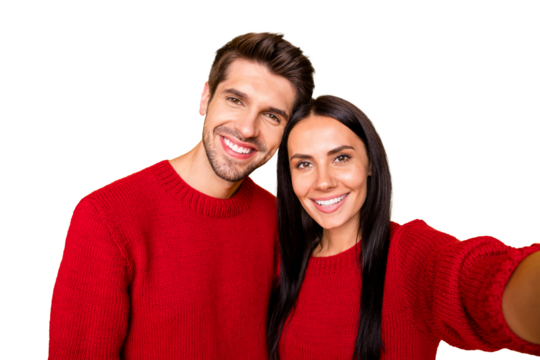Close up photo of charming dreamy spouses take self-portrait wear red pullover isolated over yellow background