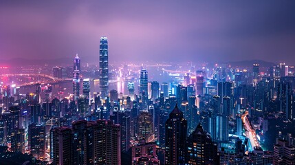 Obraz premium Modern metropolis at night with towering skyscrapers, bustling streets, and vibrant nightlife