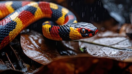Close-up of a Colorful Snake in the Rain