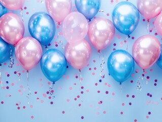 Festive background with pink and blue balloons, confetti and ribbons. Perfect for Birthday, Anniversary, New Year, Christmas or celebration card design.