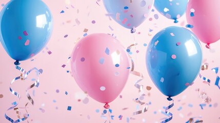 Festive background with pink and blue balloons, confetti and ribbons. Perfect for Birthday, Anniversary, New Year, Christmas or celebration card design.