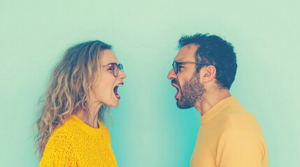 A woman and a man passionately argue while facing each other, expressing strong emotions in a colorful setting