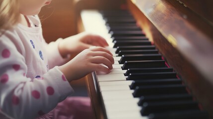 Fototapeta premium A child taking piano lessons with a teacher, showing the joy of learning and the process of mastering the art of playing the piano.