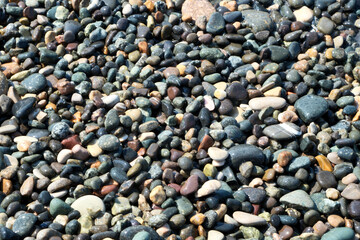 Colorful pebbles on the beach, closeup of photo