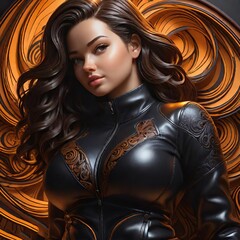 Confident brunette in black leather jacket with intricate patterns, framed by glowing spirals, exuding strength