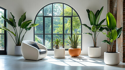 Modern Interior Design with Large Windows, Green Plants, and a White Chair - Relaxing and Stylish Home Decor