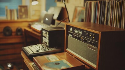 jazz radio station setup with vintage equipment and vinyl records, bringing a touch of nostalgia and timeless music to life.