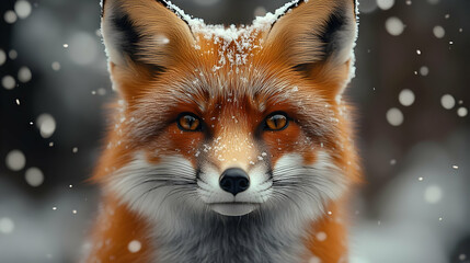 Fototapeta premium A Red Fox Gazing at the Camera with a Gentle Expression as Snow Falls Around It, a Symbol of Winter and the Beauty of Nature