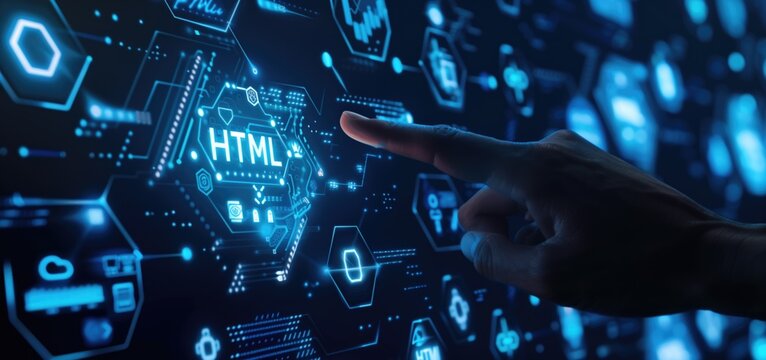 Hand pointing at futuristic holographic HTML interface on digital screen. Hypertext Markup Language concept.