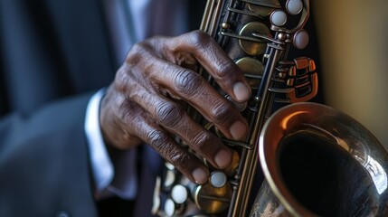 Fototapeta premium jazz hands on the saxophone, capturing the passion and skill involved in playing a smooth, soulful tune.
