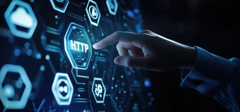 Person interacting with futuristic digital interface focused on HTTP technology. Hypertext Transfer Protocol concept.