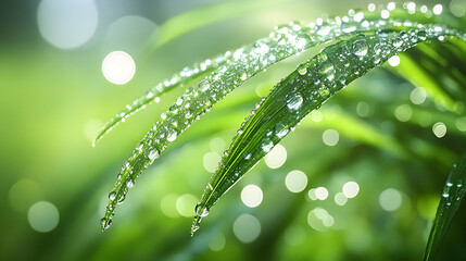 Close-Up View of Dew Drops on Grass Blades, Nature's Beauty in a Microcosm, Capturing the Essence of Freshness and Tranquility in a Simple Scene, A Visual Representation of the Delicate Balance 