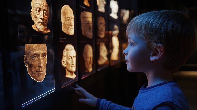 Young Boy Exploring Historical Portraits