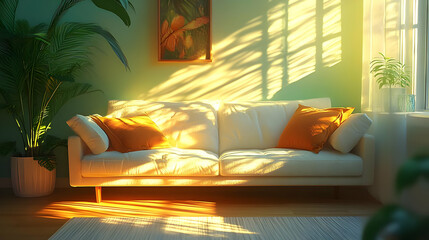 Sunlight Streaming Through Window, Casting Shadows on a White Sofa with Orange Pillows in a Cozy Living Room with Green Plants