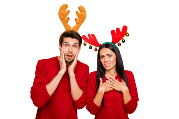 Portrait of two upset people stare in stupor on theme party scream omg wear red pullover isolated over yellow background