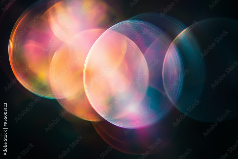 Poster colorful light patterns blending in abstract form, creating vibrant visual effects in a dark backgro