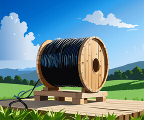 Obraz premium Black wire electric cable with wooden coil of electric cable under the sky.