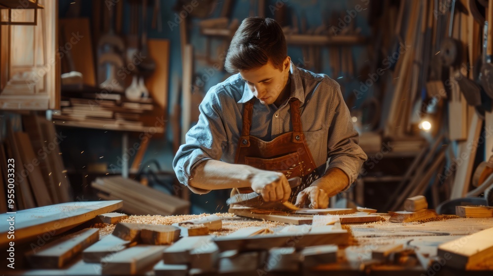 Poster a man is working on a woodworking project in a workshop
