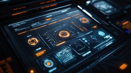 A futuristic 3D interface for a virtual reality system, featuring sleek controls and interactive elements.