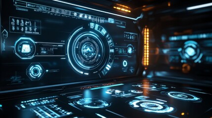 A futuristic 3D interface for a virtual reality system, featuring sleek controls and interactive elements.