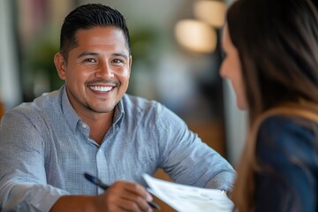 A smiling Latino banker reviews loan documents with a small business owner