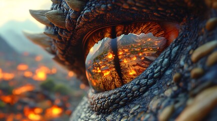 Detailed closeup of dragons eye reflecting a burning village and distant mountains in the background