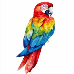 Obraz premium Vivid watercolor painting of a colorful parrot with intricate feather details against a white background, perfect for creative projects and decor.