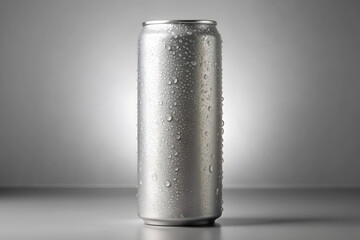 grey blank carbonated energy drink mockup template with water drops isolated on light grey background.