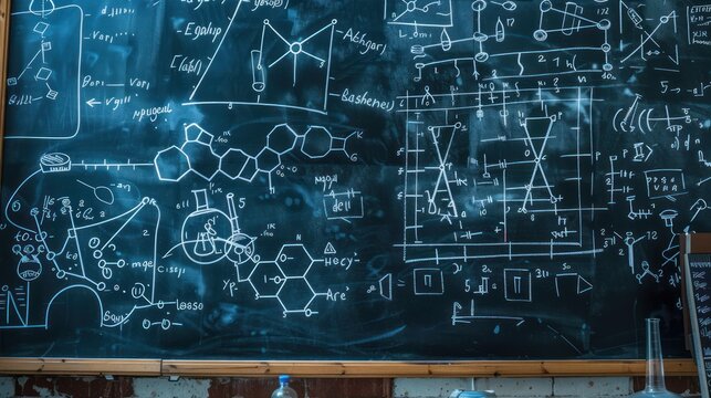 Chalkboard filled with science formulas and diagrams