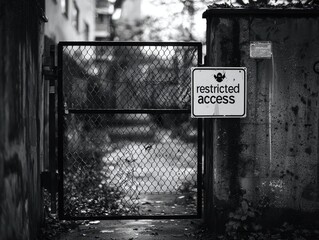 A black and white photo of a closed gate with a restricted access sign