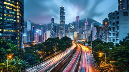 Urban Cityscape with Towering Skyscrapers and Bustling Streets, Lit by Vibrant Evening Lights
