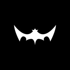 vector halloween white bat animal icon, logo and sign isolated on balck background. vector bat silhouette with wings. vector abstract bat tattoo art concept design template