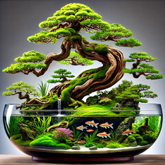 Bonsai, Nature Aquarium, Sennen-sugi, Moss, Japanese Garden, Zen, Tranquility, Traditional Japanese Aesthetics, Aquatic Pl