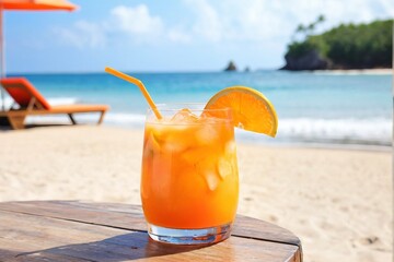 A fresh orange punch cocktail on the table against the summer beach background with copy space.