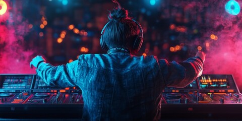 Fototapeta premium Cool DJ French Bulldog: Stylish Pet Party Concept for Nightclubs and Music Events. Creative AI-Generated Illustration for Pet Website Banners, Postcards, NFT Art, and Marketing Campaigns. Trendy 4K Wa